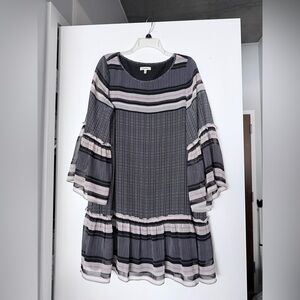 Max studio dress black with white and pink boho with ruffled sleeves semi sheer